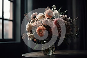Rich bunch of peonies, eustoma, roses flowers, green leaf. Fresh bouquet closeup. Generative AI