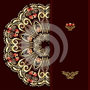 Rich burgundy background with a round gold floral pattern and place for text.
