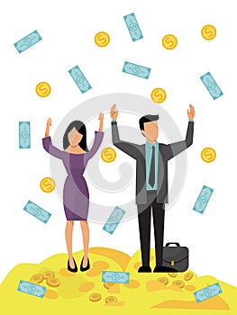 Rich business couple money rain vector illustration. Man and woman financial success. Happy successful businessmen money