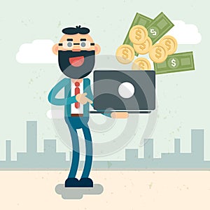 Obchodník držet přenosný počítač házení peníze 