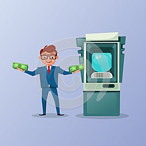 Rich Business Man Holding Money Cash Over Atm Machine Background