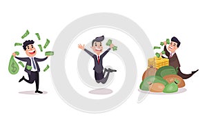 Rich Businessman Character Holding Banknotes and Jumping with Joy Vector Illustration Set