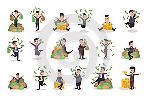 Rich Businessman Character Holding Banknotes and Jumping with Joy Vector Illustration Set