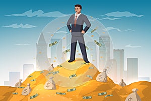 Rich businessman with gold and money mountain on city background