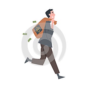 Rich Businessman Running with Bag Full of Money, Wealthy Person, Millionaire Character, Financial Success, Profit