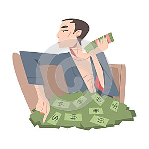 Rich Businessman Sitting in Pile of Money, Wealthy Person, Millionaire Character, Financial Success, Profit, Income