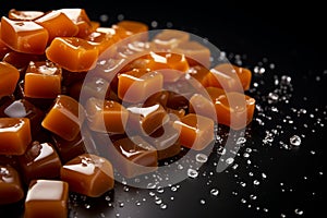 Rich caramels tempt on a dark background, ideal for text photo