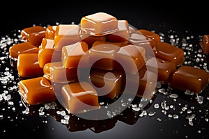 Rich caramels tempt on a dark background, ideal for text photo