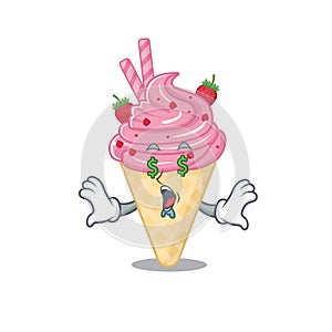 Rich cartoon character design of strawberry ice cream with money eyes