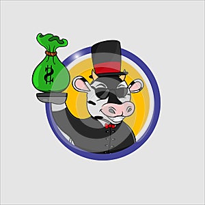 Rich Cartoon Cow Head Circle Label With Bring Money