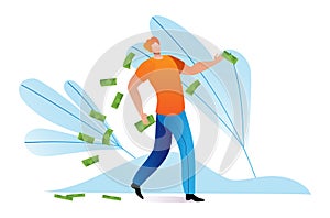 Rich character man cheerful wasteful lifestyle, wealthy person throw cash money flat vector illustration, isolated on photo