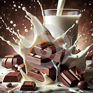 Rich chocolate being poured into a white bowl creating a splash, with bar pieces nearby. Generative ai