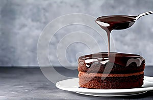 Rich Chocolate Cake dripping icing from spoon