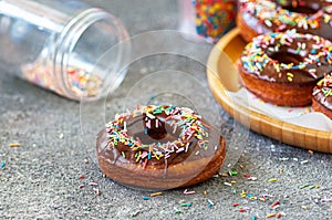 Rich chocolate doughnuts with colorful sprinkles. Gray background. Close up