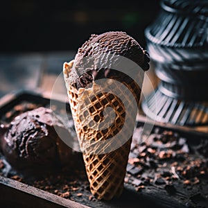 Rich chocolate ice cream waffel cone. AI generative image.