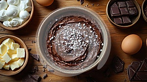 Rich chocolate mousse in bowl with ingredients