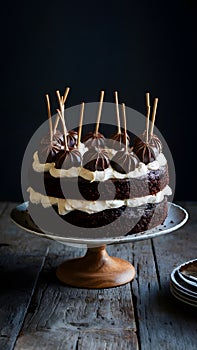 A rich and chocolaty black forest cake in professional photography photo