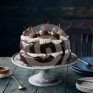 A rich and chocolaty black forest cake in professional photography photo