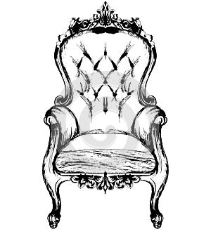 Rich classic armchair. Royal style decotations. Victorian ornaments engraved. Imperial furniture decor. Vector illustrations line photo