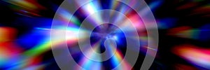 Rich colorful background radial ray lights movement party design panoramic banner. Aura lights blurred