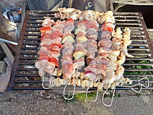 Rich colourful barbecue skewers which seafood and lamb neck octopus and red pepper