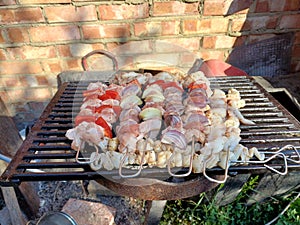 Rich colourful barbecue skewers which seafood and lamb neck octopus and red pepper