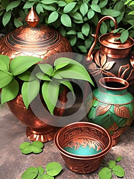 rich copper pots and vibrant green leaves