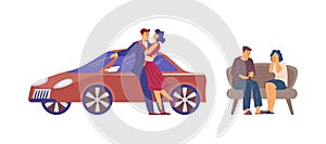 Rich couple spends money and a poor couple, flat vector illustration isolated.