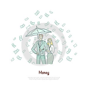 Rich couple with umbrella, successful entrepreneurship, profitable investment, financial literacy, lottery banner