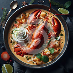 a rich and creamy bowl of lobster bisque HD food image.