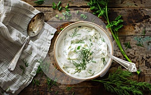 A rich and creamy herb dip is served in a white bowl, garnished with delicate sprigs of fresh dill and chives, creating