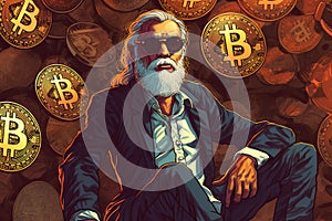 Rich crypto millionaire. Relaxed businessman or wealthy entrepreneur in suit with profit bitcoin money concept