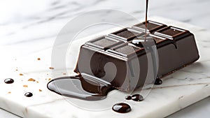 A rich, dark chocolate bar sits on a white marble surface,