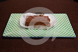 Rich and decadent chocolate fudge, highlighted on a light green background. chocolate dessert.