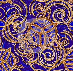 Rich decorated seamless pattern ornament. Fantastic royal medieval elements. Old trickle spiral symbols and Celtic knot motives. photo