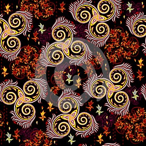 Rich decorated seamless pattern ornament. Fantastic royal medieval elements. Old trickle spiral symbols and Celtic knot motives. photo