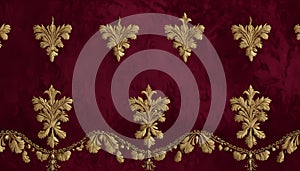 A rich deep red background, with repeating damask pattern in gold, embosses, textured, luxurious