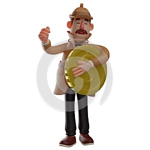 Rich Detective 3D Cartoon Illustration having a gold coin