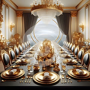 Rich dinner table room. Everything made of gold, Big table for celebration