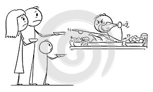 Rich Eating Person Refusing to Share Food With Hungry People, Vector Cartoon Stick Figure Illustration