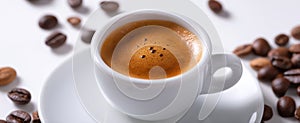 The rich espresso coffee served in a white ceramic cup on a table..AI generated image