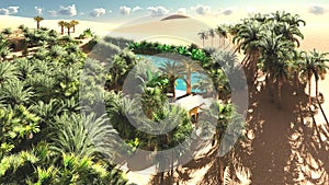 Rich exotic plant life on desert later in the day, 3d rendering