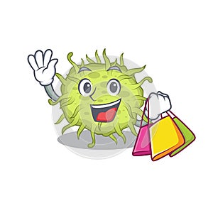 Rich and famous bacteria coccus cartoon character holding shopping bags