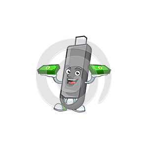 Rich and famous flashdisk cartoon character with money on hands