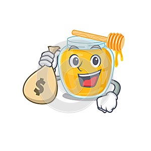 Rich and famous honey cartoon character holding money bag