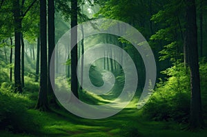 Rich forest background created with, fullness of green plants, fresh air. AI.Generative AI