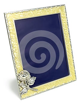 Rich gilded porcelain frame with rose inlaid with rhinestones isolated
