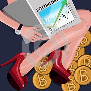 The rich girl sits on bitcoins with a financial magazine. Conceptual illustration, clip art