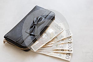 Rich girl or woman from Poland, black purse with a bow, full of polish money.