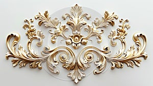 a rich golden baroque ornament delicately engraved on a pristine white background. The intricate details and lavish